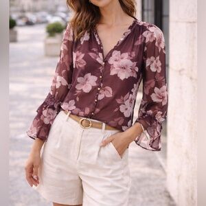 En Saison Annalise Floral Blouse Plum Gray Size Medium NWT